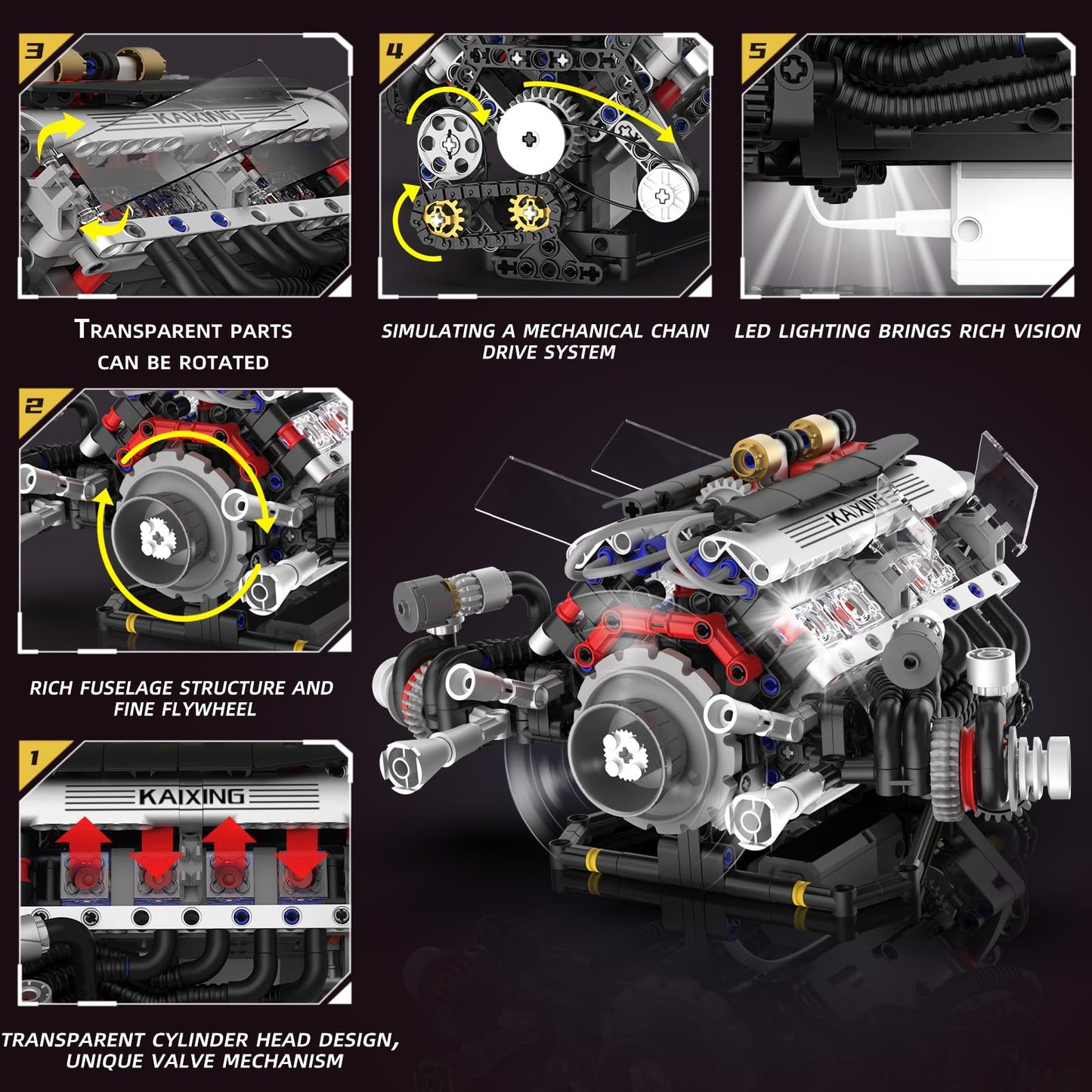Suplanet V8 Engine Kit - Realistic Model with Lights, App Control, 664pcs