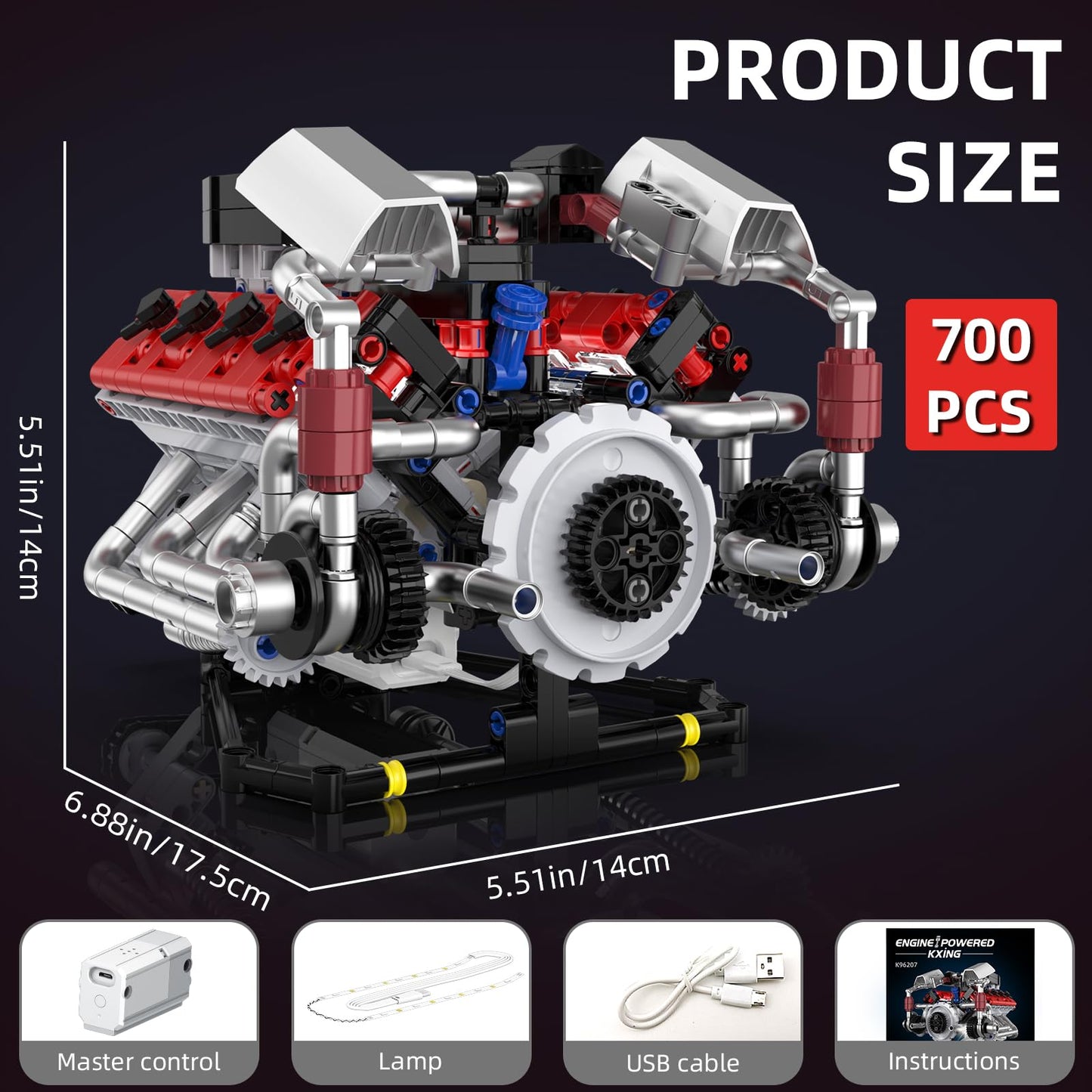 Supleplanet V8 Engine Model Kit – LED Light, App Control, 700 PCS