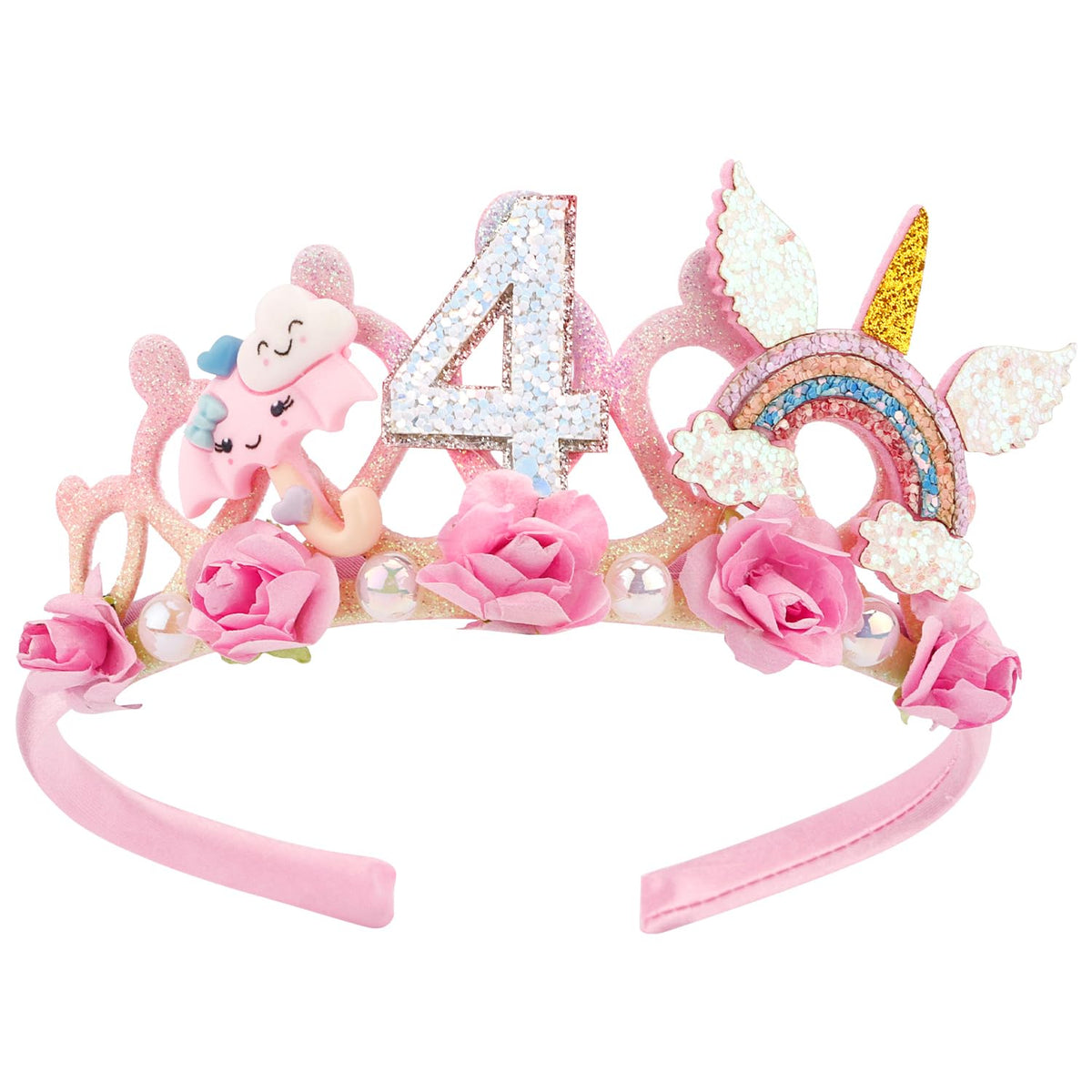 SuPoo 4th Birthday Headband Flower Crown – Princess Tiara for Girls, Cute 4th Birthday Decorations