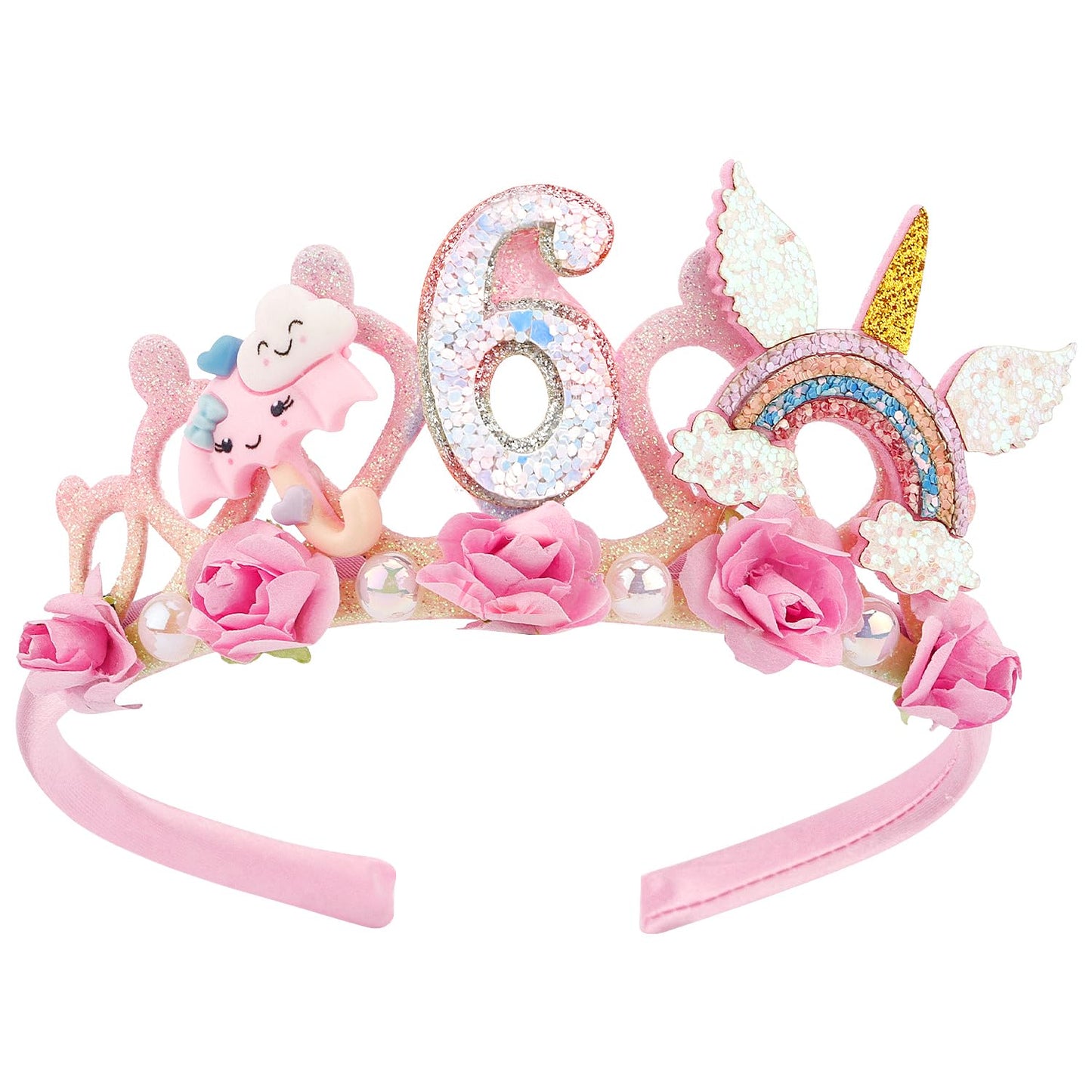 SuPoo 6th Birthday Headband – Flower Crown Princess Tiara for Girls