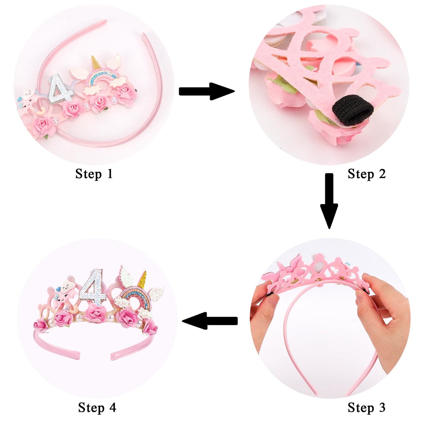 SuPoo 4th Birthday Headband Flower Crown – Princess Tiara for Girls, Cute 4th Birthday Decorations