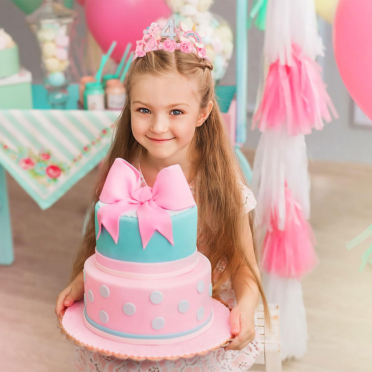 SuPoo 4th Birthday Headband Flower Crown – Princess Tiara for Girls, Cute 4th Birthday Decorations
