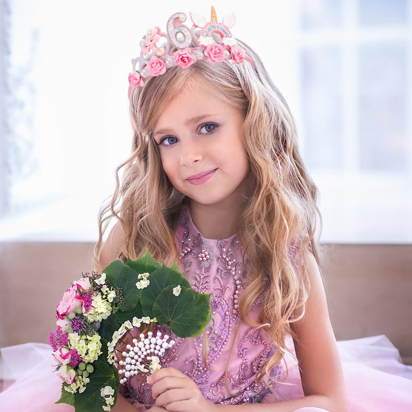 SuPoo 6th Birthday Headband – Flower Crown Princess Tiara for Girls