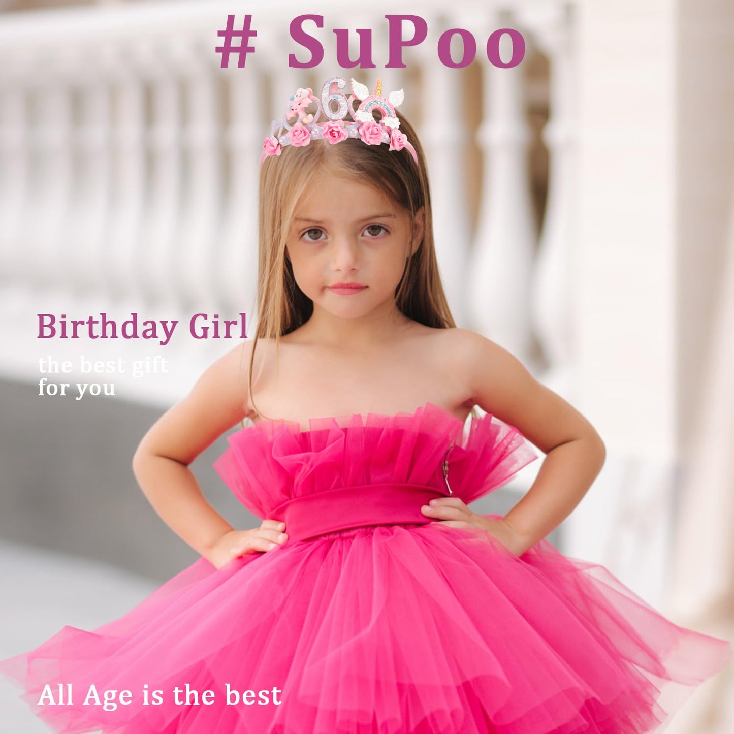 SuPoo 6th Birthday Headband – Flower Crown Princess Tiara for Girls