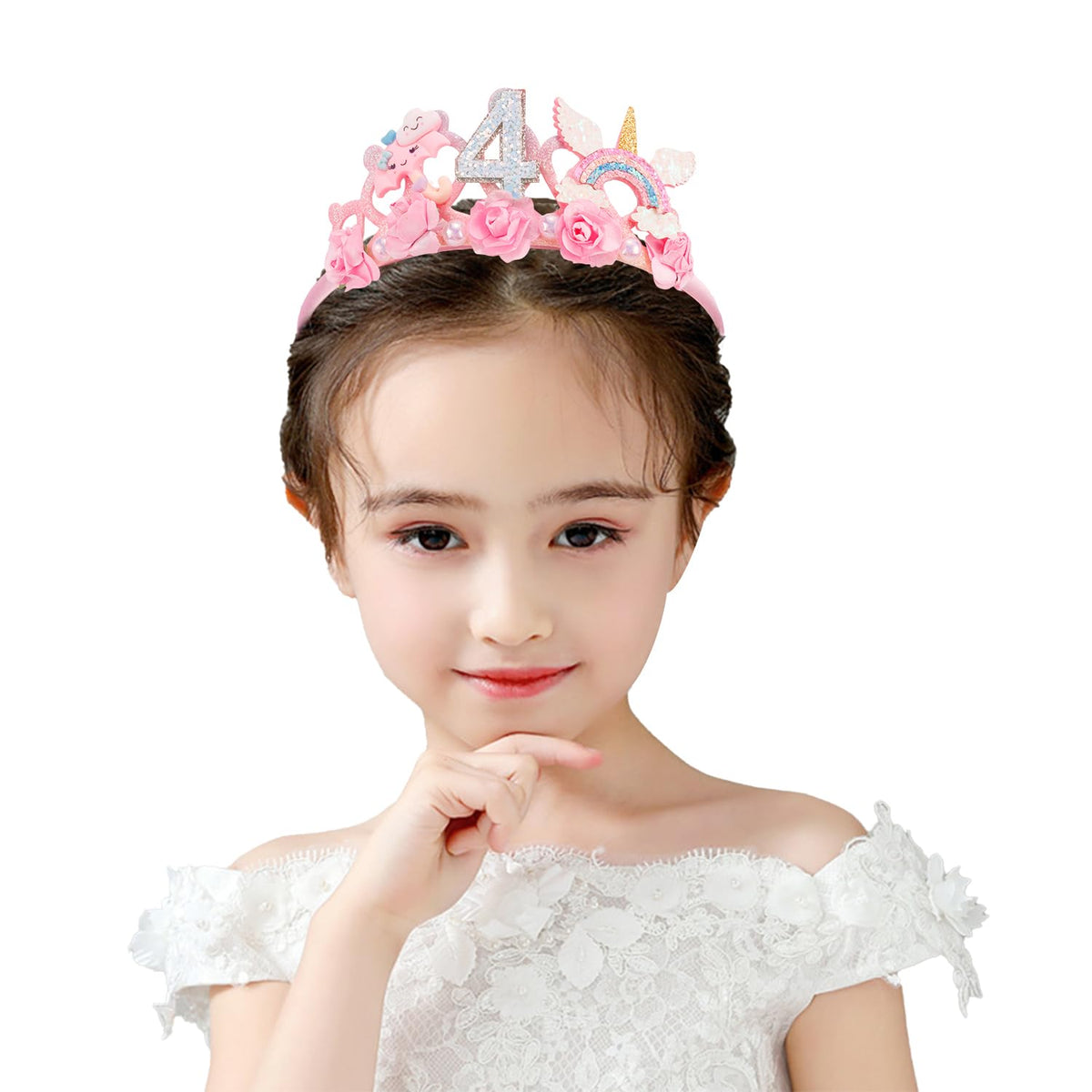 SuPoo 4th Birthday Headband Flower Crown – Princess Tiara for Girls, Cute 4th Birthday Decorations