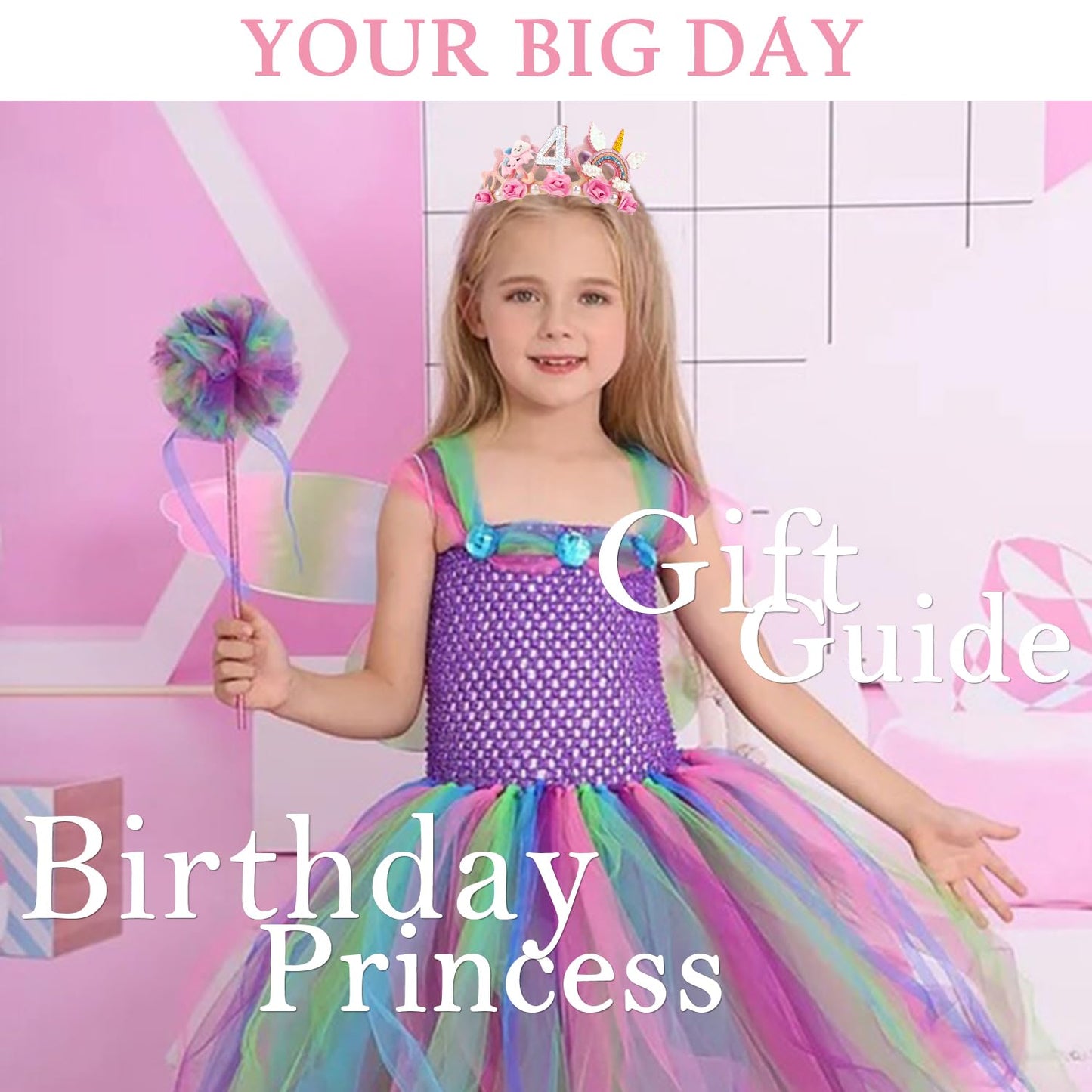 SuPoo 4th Birthday Headband Flower Crown – Princess Tiara for Girls, Cute 4th Birthday Decorations