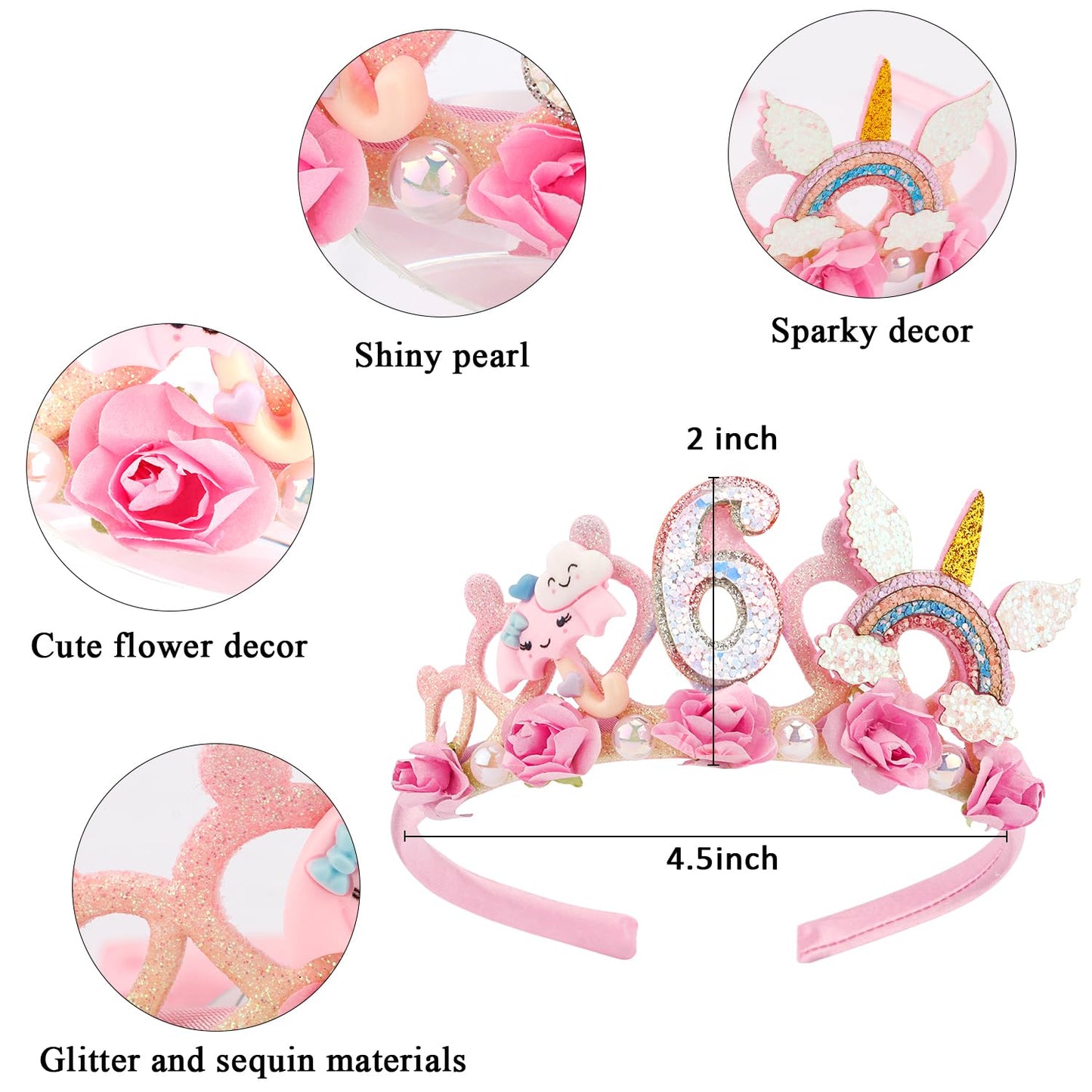 SuPoo 6th Birthday Headband – Flower Crown Princess Tiara for Girls