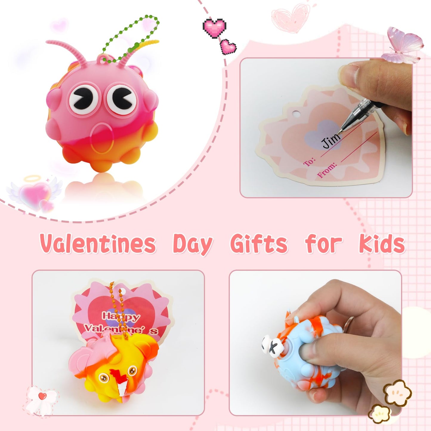 Supovil 48-Pack Valentine’s Day Kids Fidget Toys — Bulk Pop Balls, Cards, Classroom Favors