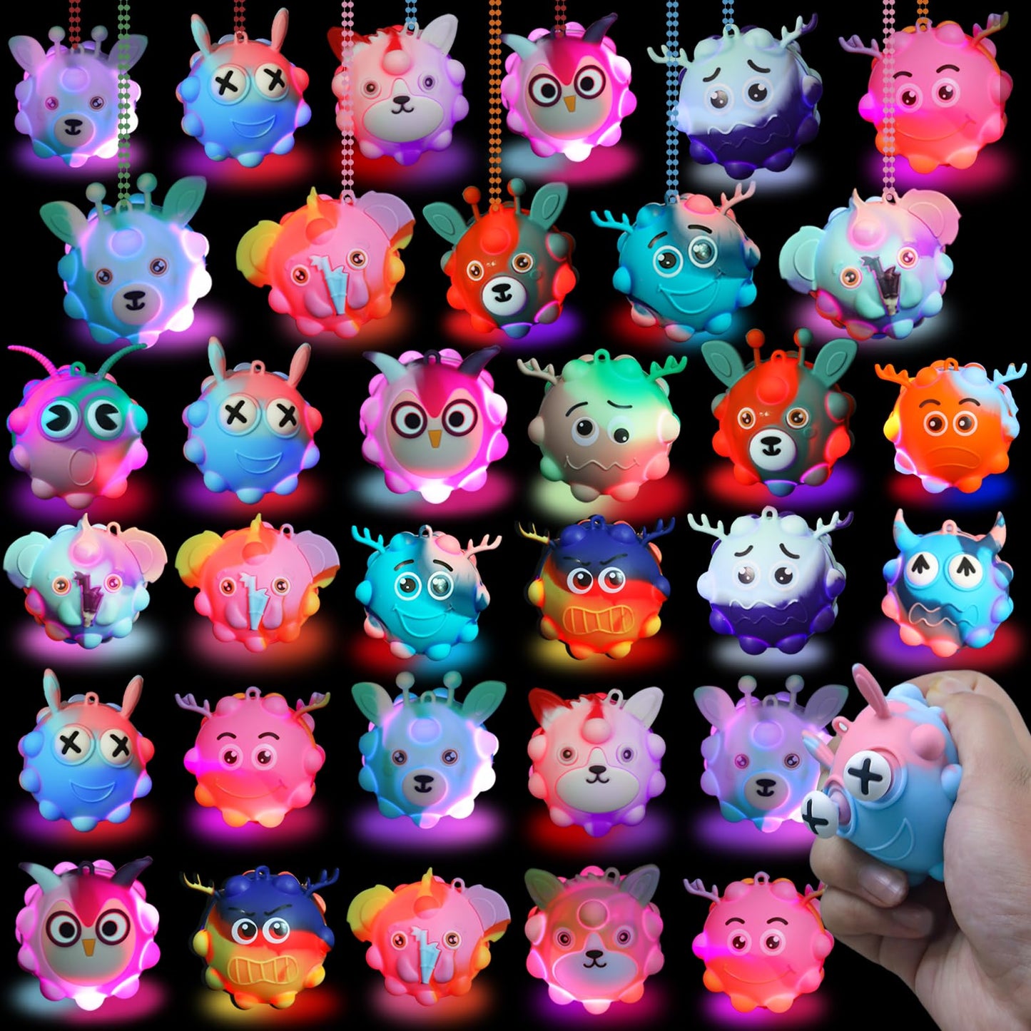 Supovil 48 Pack Glow-in-the-Dark Pop Fidget Balls – Light Up Party Favors & Squeeze Toys