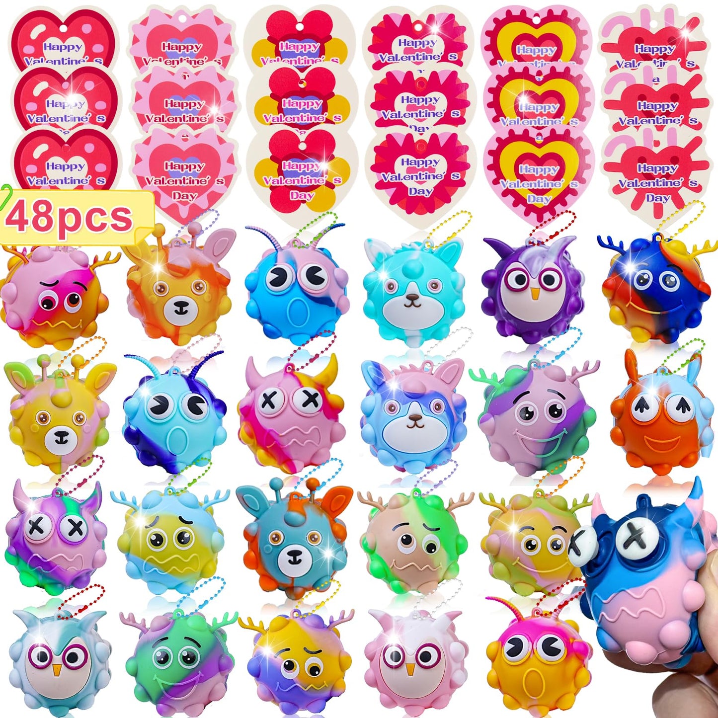 Supovil 48-Pack Valentine’s Day Kids Fidget Toys — Bulk Pop Balls, Cards, Classroom Favors