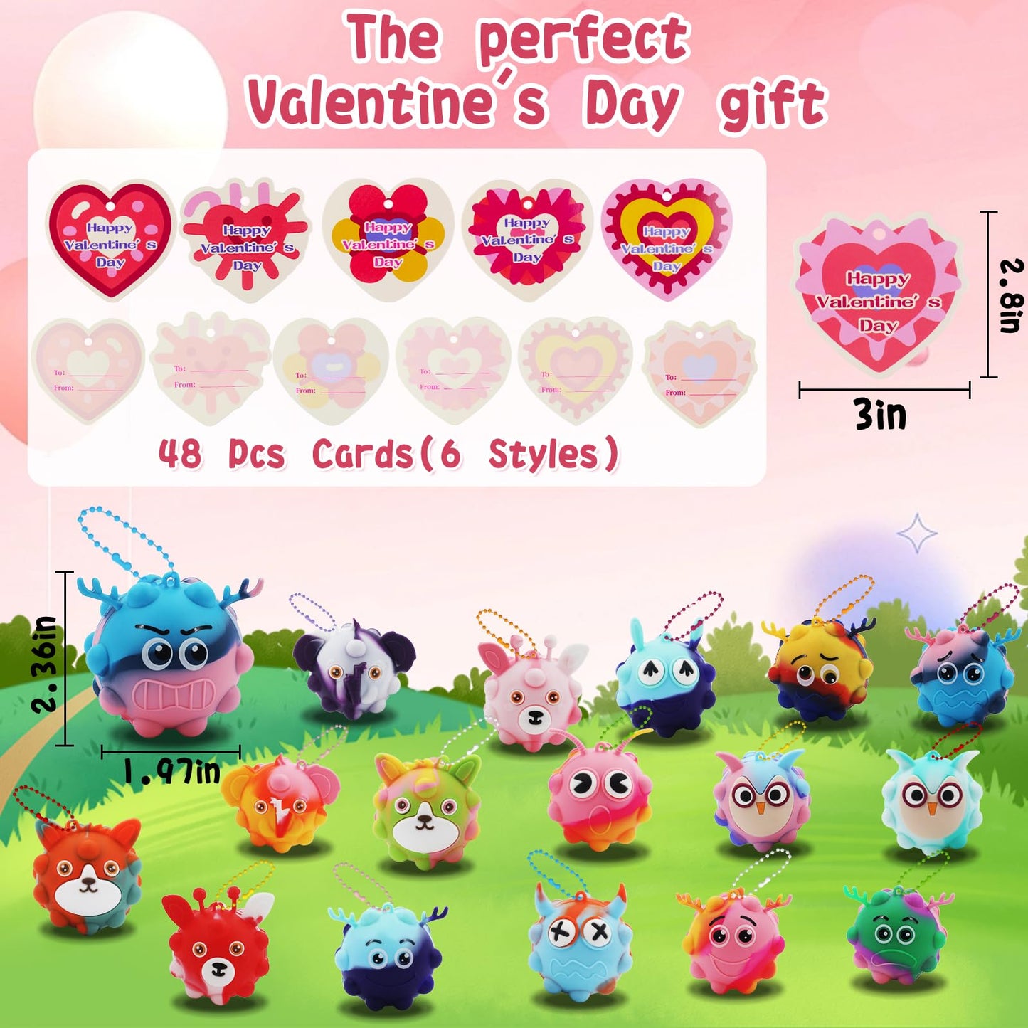 Supovil 48-Pack Valentine’s Day Kids Fidget Toys — Bulk Pop Balls, Cards, Classroom Favors
