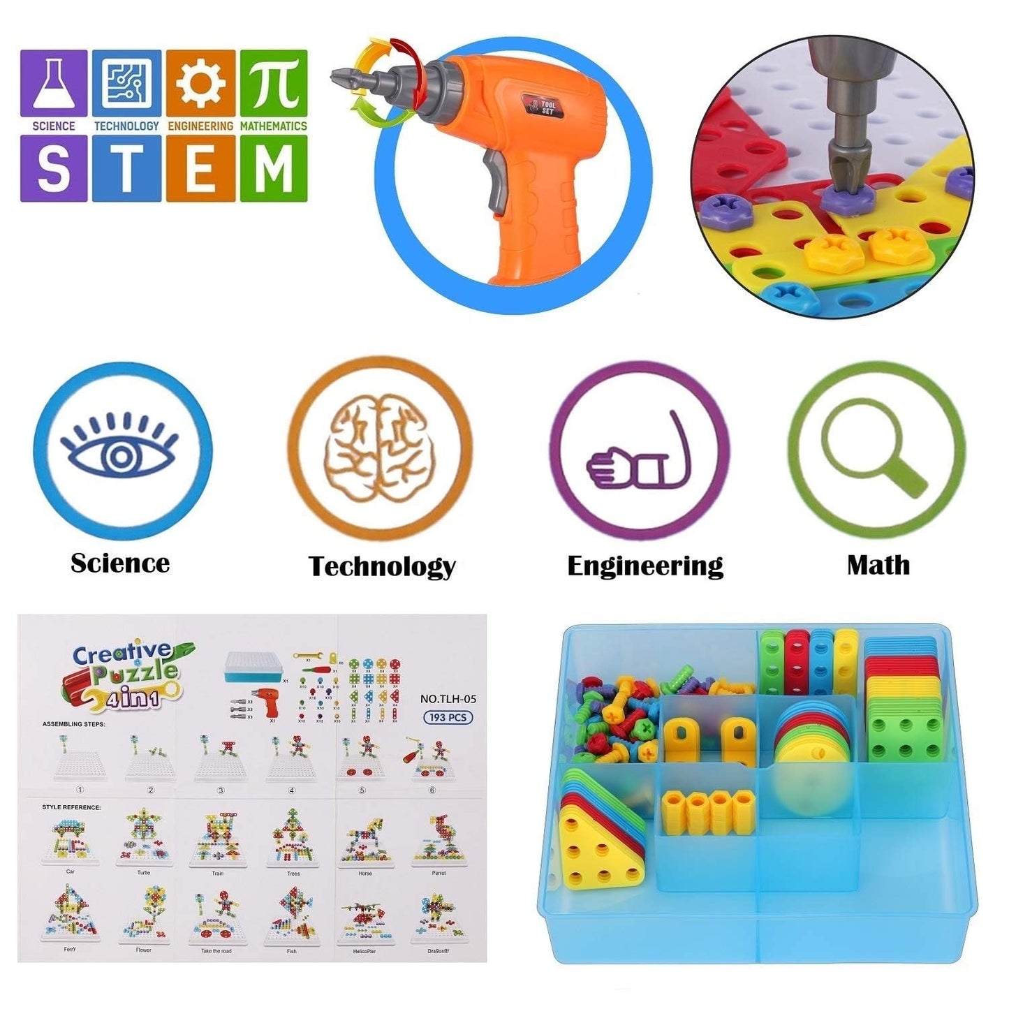 SUPSTEM STEM Drill & Build Kit for Kids 3-8 — 193+ Pieces, Rainbow Fasteners
