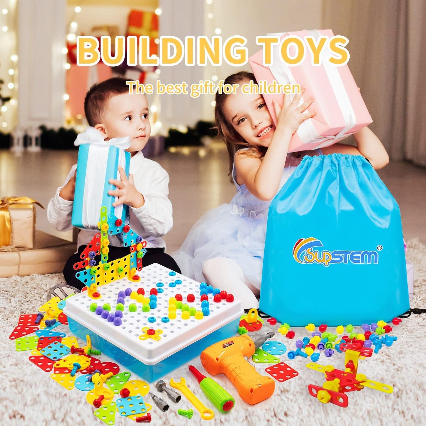 SUPSTEM STEM Drill & Build Kit for Kids 3-8 — 193+ Pieces, Rainbow Fasteners