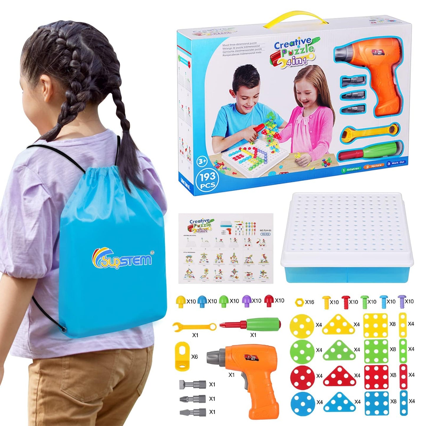 SUPSTEM STEM Drill & Build Kit for Kids 3-8 — 193+ Pieces, Rainbow Fasteners