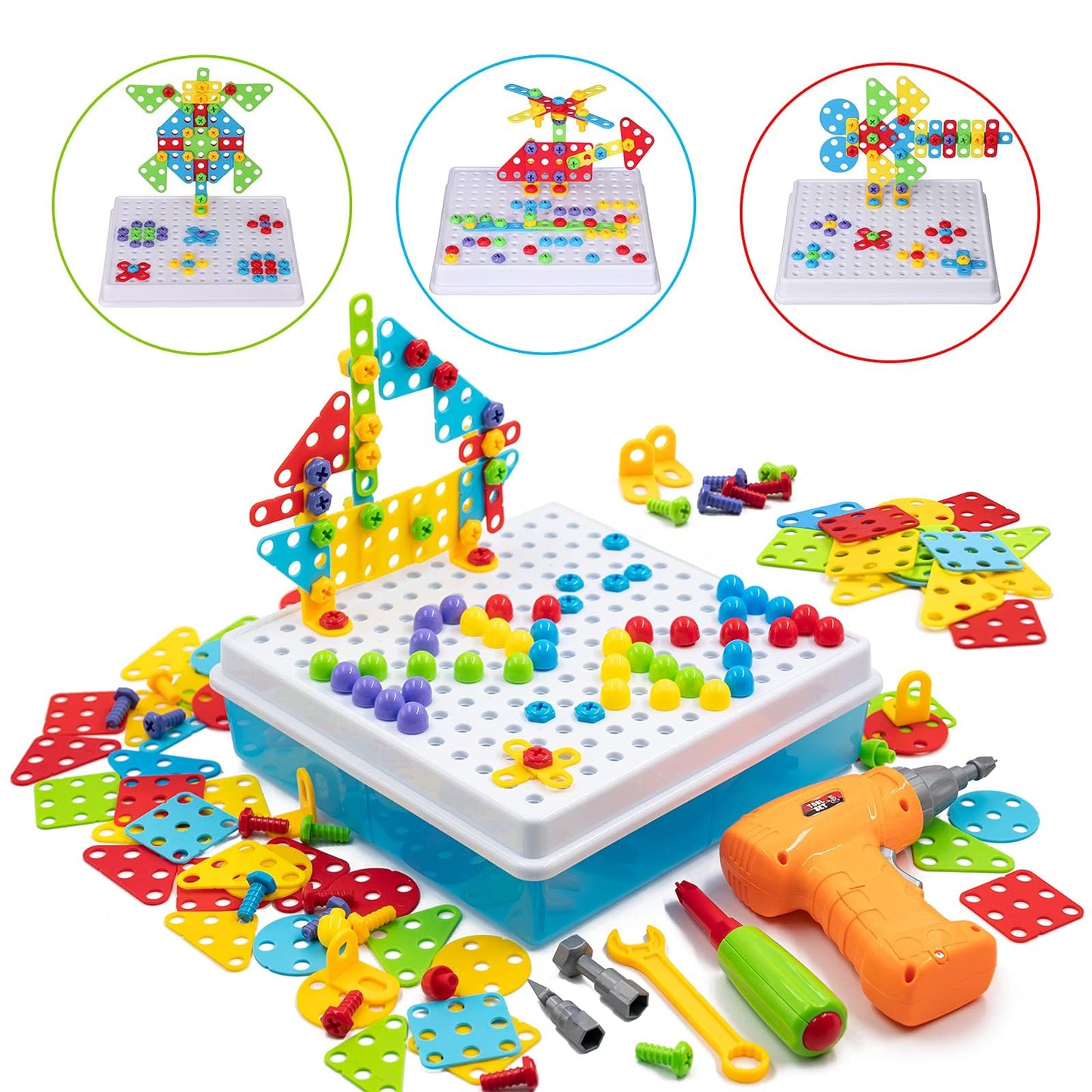 SUPSTEM STEM Drill & Build Kit for Kids 3-8 — 193+ Pieces, Rainbow Fasteners