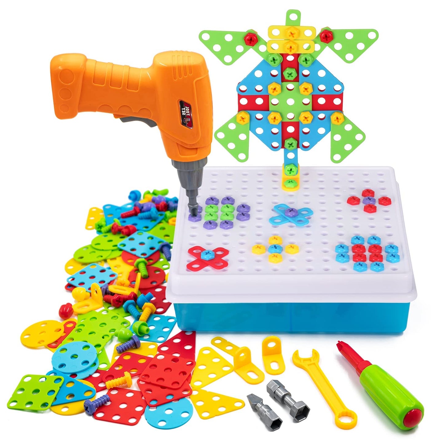 SUPSTEM STEM Drill & Build Kit for Kids 3-8 — 193+ Pieces, Rainbow Fasteners