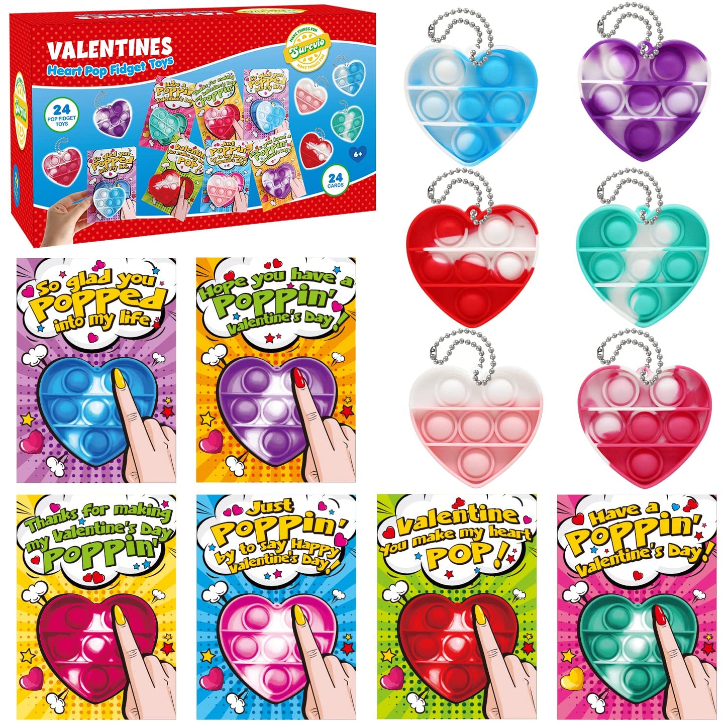 SURCVIO 24-Pack Valentine Pop It Fidget Heart Keychains for Kids
