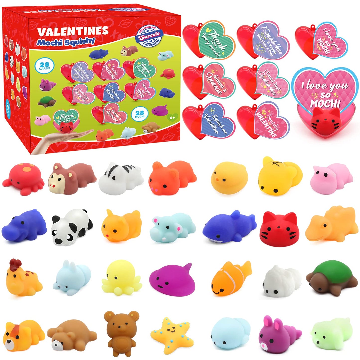 SURCVIO 28-Pack Valentines Day Gifts for Kids – Mochi Squishies, Heart Cases & Cards