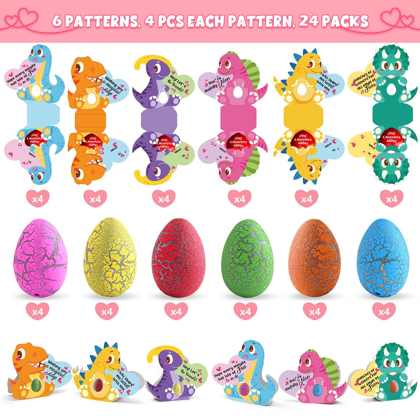 SURCVIO 24-Pack Dinosaur Egg Valentines & 3D Greeting Cards for Kids