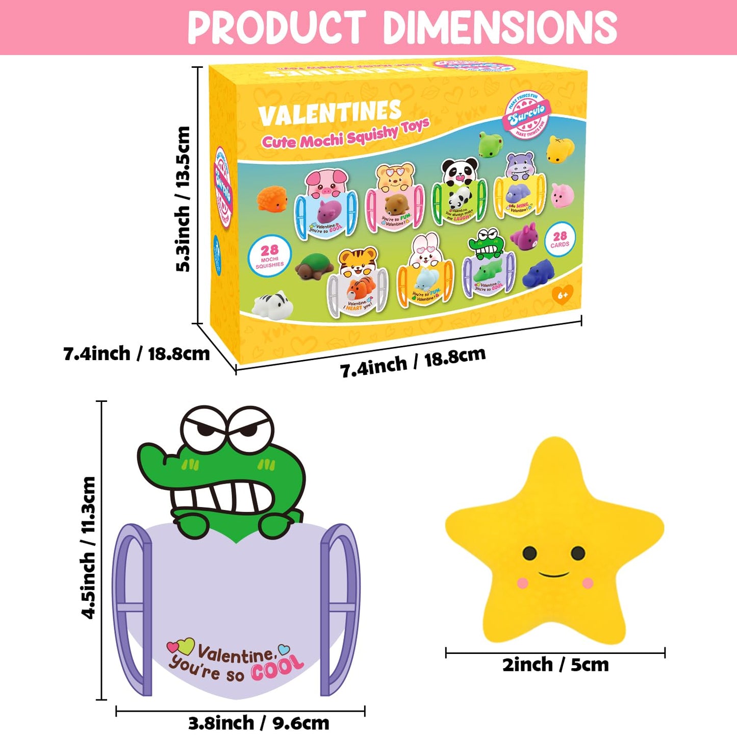 SURCVIO 28-Pack Valentines Day Gifts for Kids — Mochi Squishies & Cards