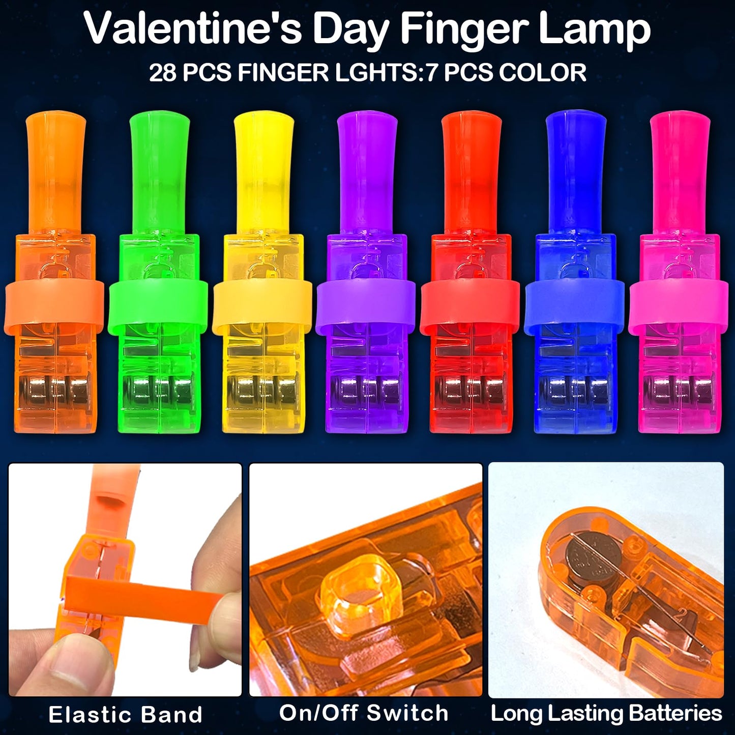 SURCVIO Valentines Day Finger Lights – 28-Pack with Cards for Classroom Parties