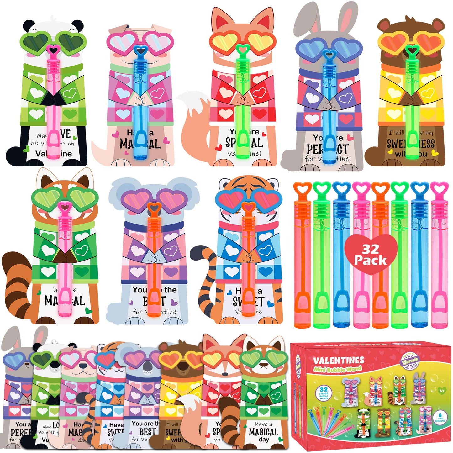 SURCVIO Valentines Day Gifts for Kids — 32-Pack Mini Bubble Wands with Animal Cards