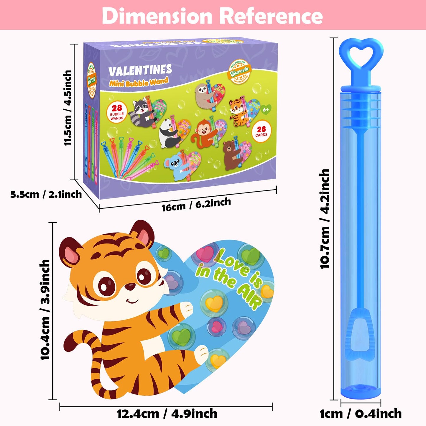 SURCVIO Valentines Day Gifts for Kids – 32 Pack Mini Bubble Wands with Animal Cards
