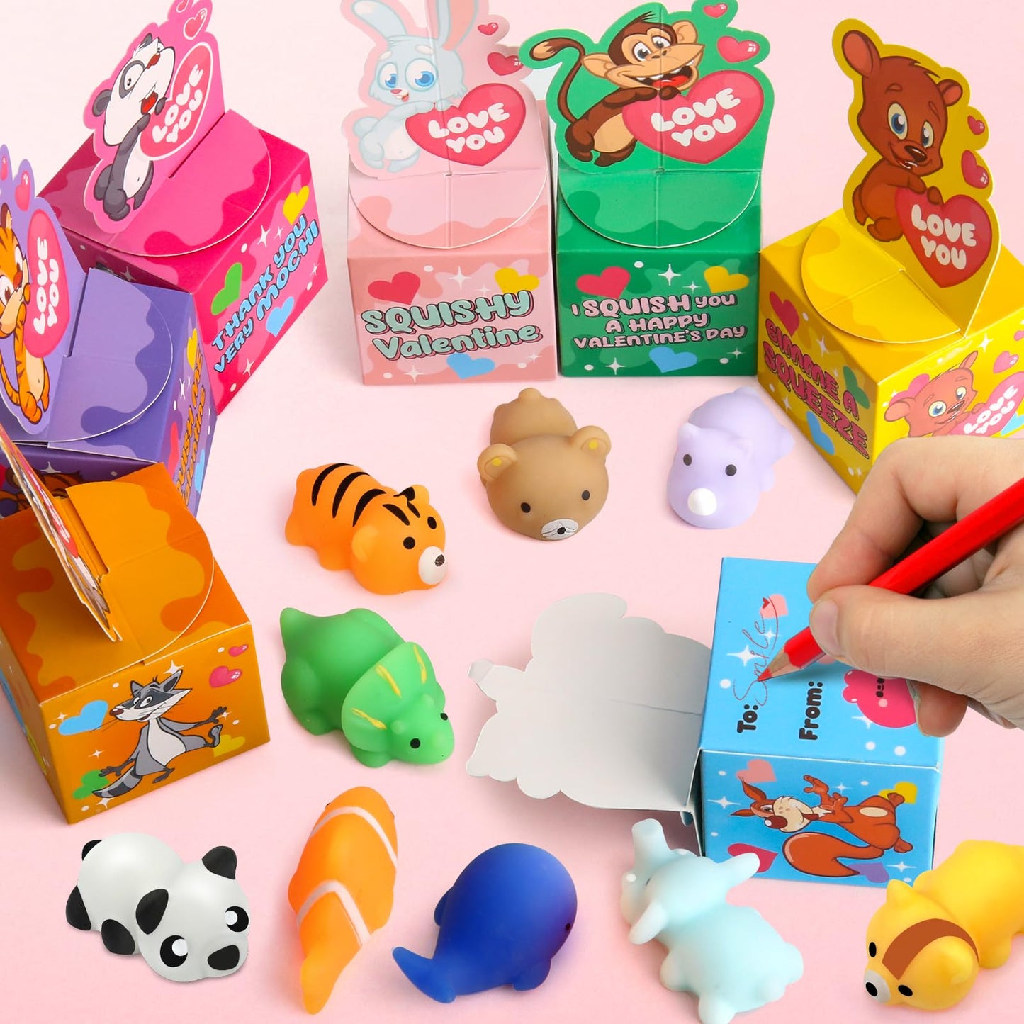 SURCVIO 28-Pack Valentines Day Gifts for Kids – Mochi Squishies & Greeting Card Boxes