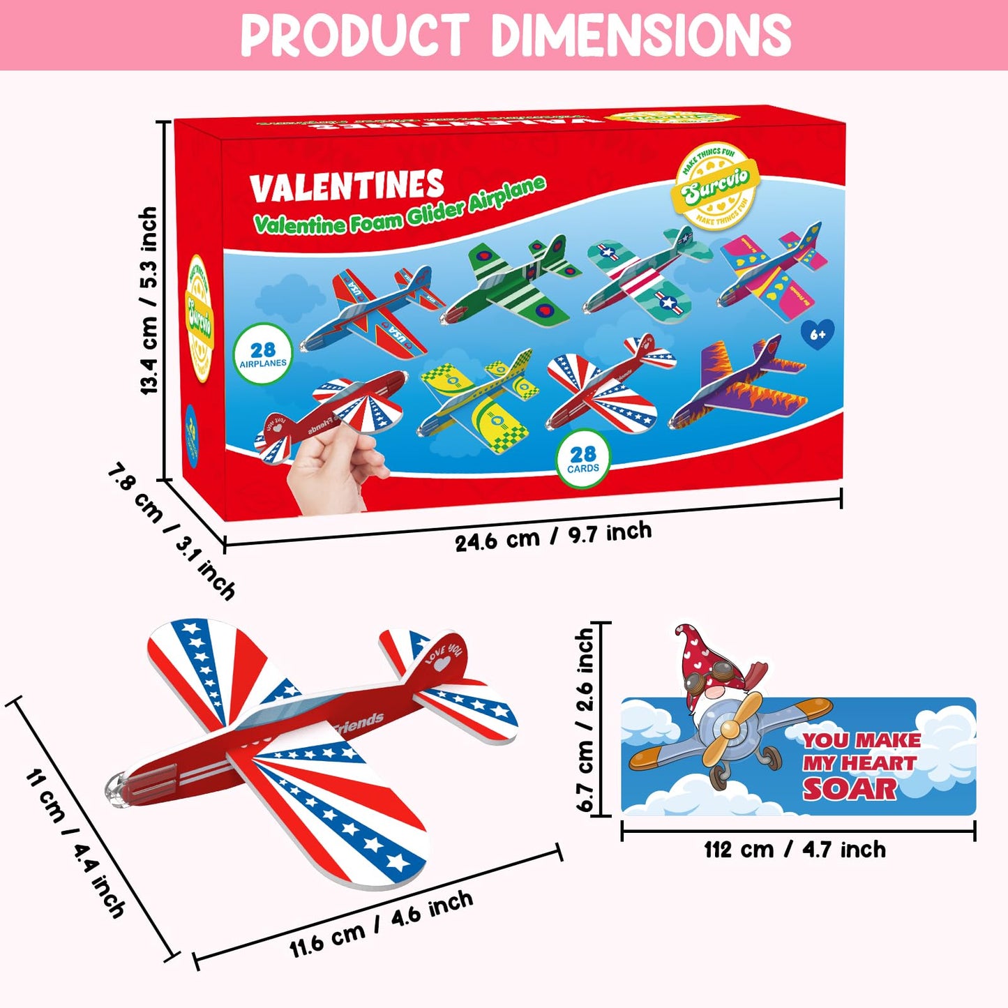 SURCVIO 28-Pack Valentines Day Gifts for Kids – Foam Airplanes & Gnome Cards