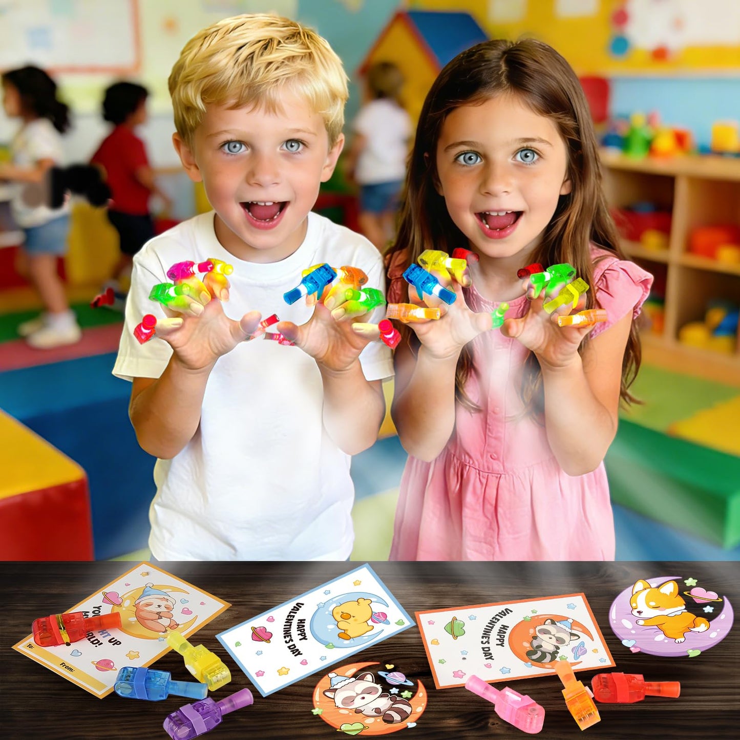 SURCVIO Valentines Day Finger Lights – 28-Pack with Cards for Classroom Parties