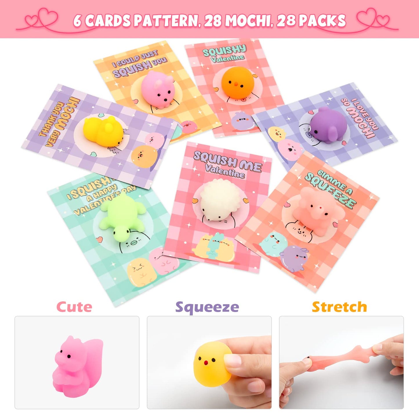 SURCVIO 28-Pack Valentines Mochi Squishies & Greeting Cards for Kids