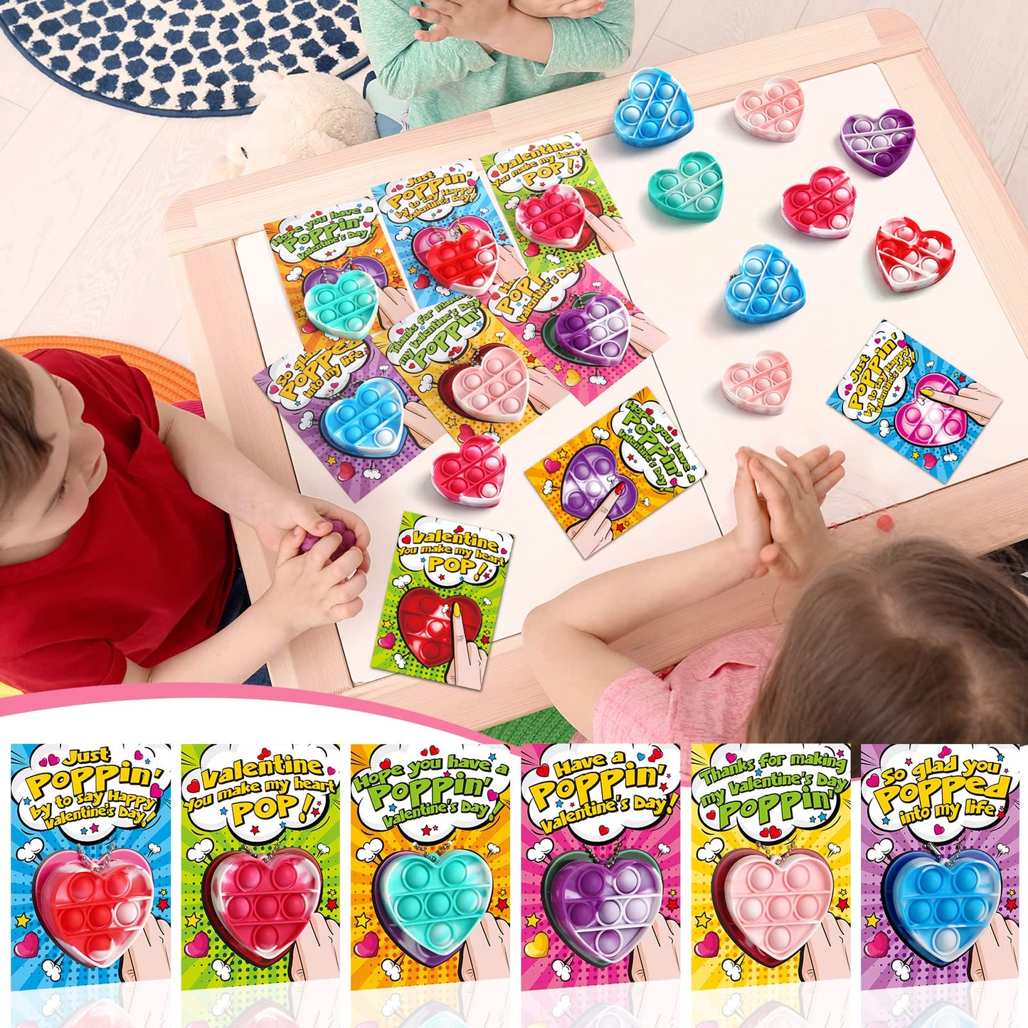 SURCVIO 24-Pack Valentine Pop It Fidget Heart Keychains for Kids