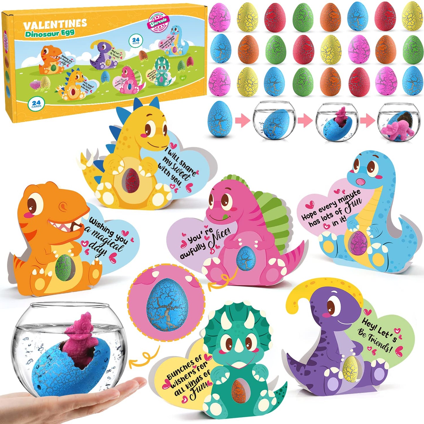 SURCVIO 24-Pack Dinosaur Egg Valentines & 3D Greeting Cards for Kids