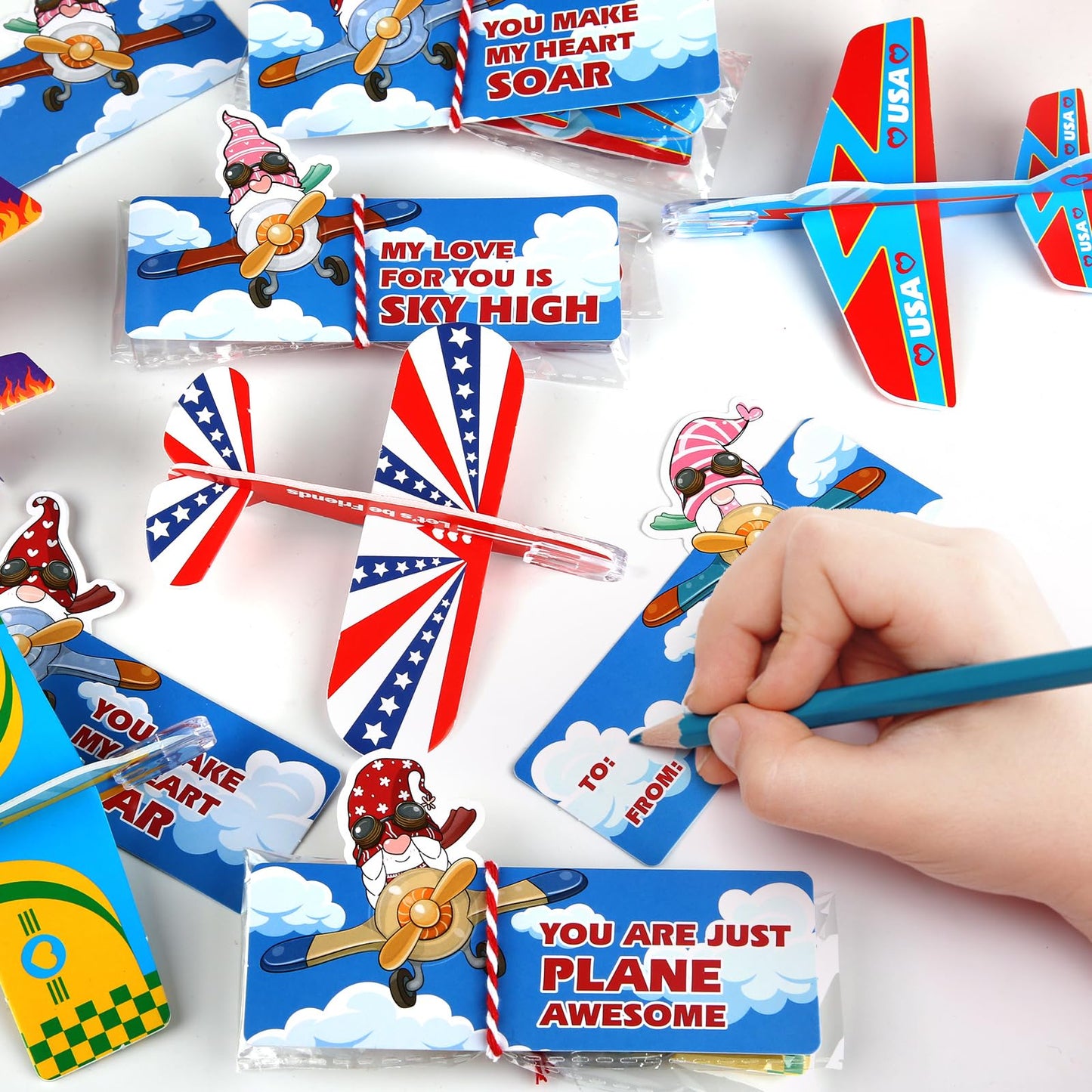 SURCVIO 28-Pack Valentines Day Gifts for Kids – Foam Airplanes & Gnome Cards