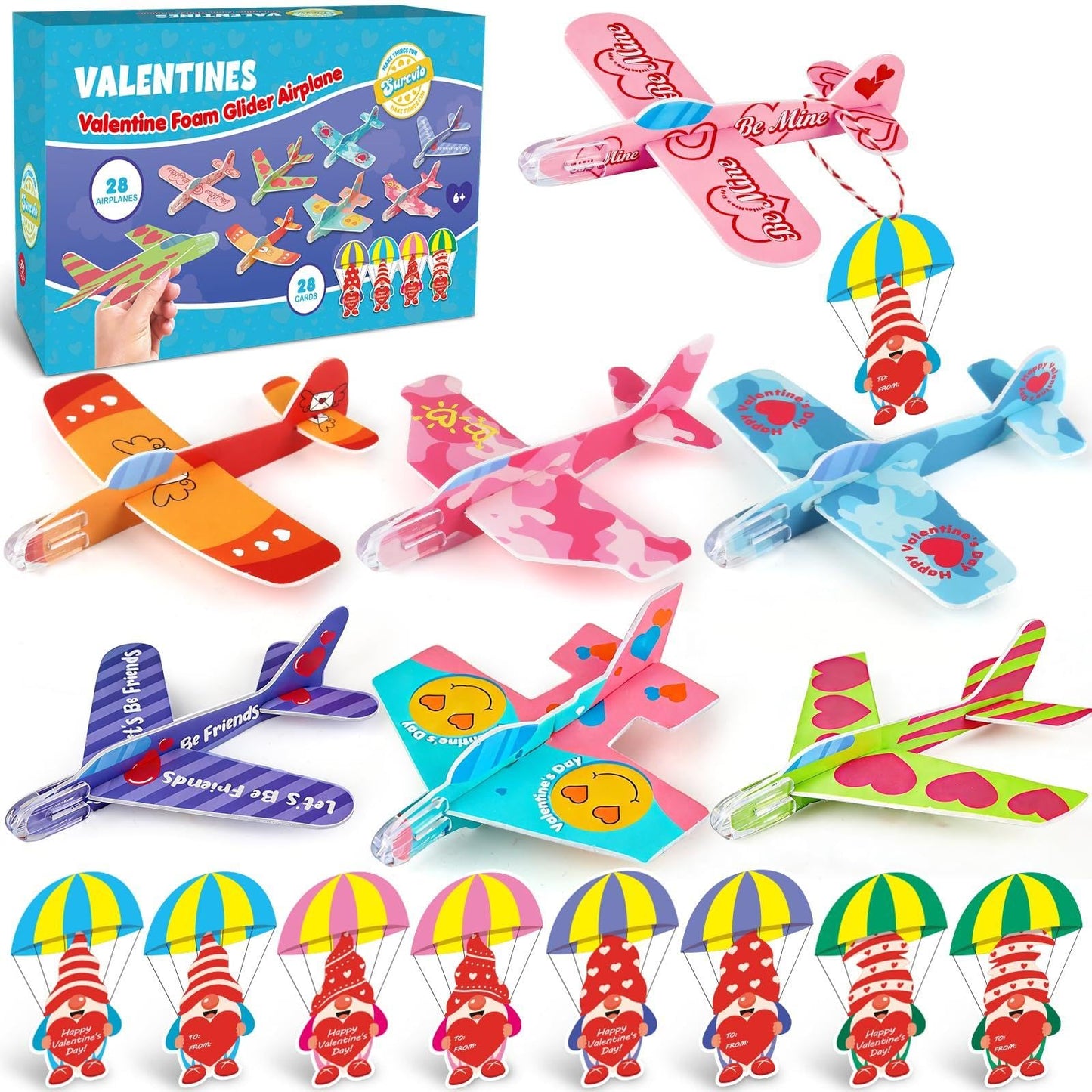 SURCVIO 28-Pack Valentines Gifts for Kids: Foam Airplanes & Greeting Cards
