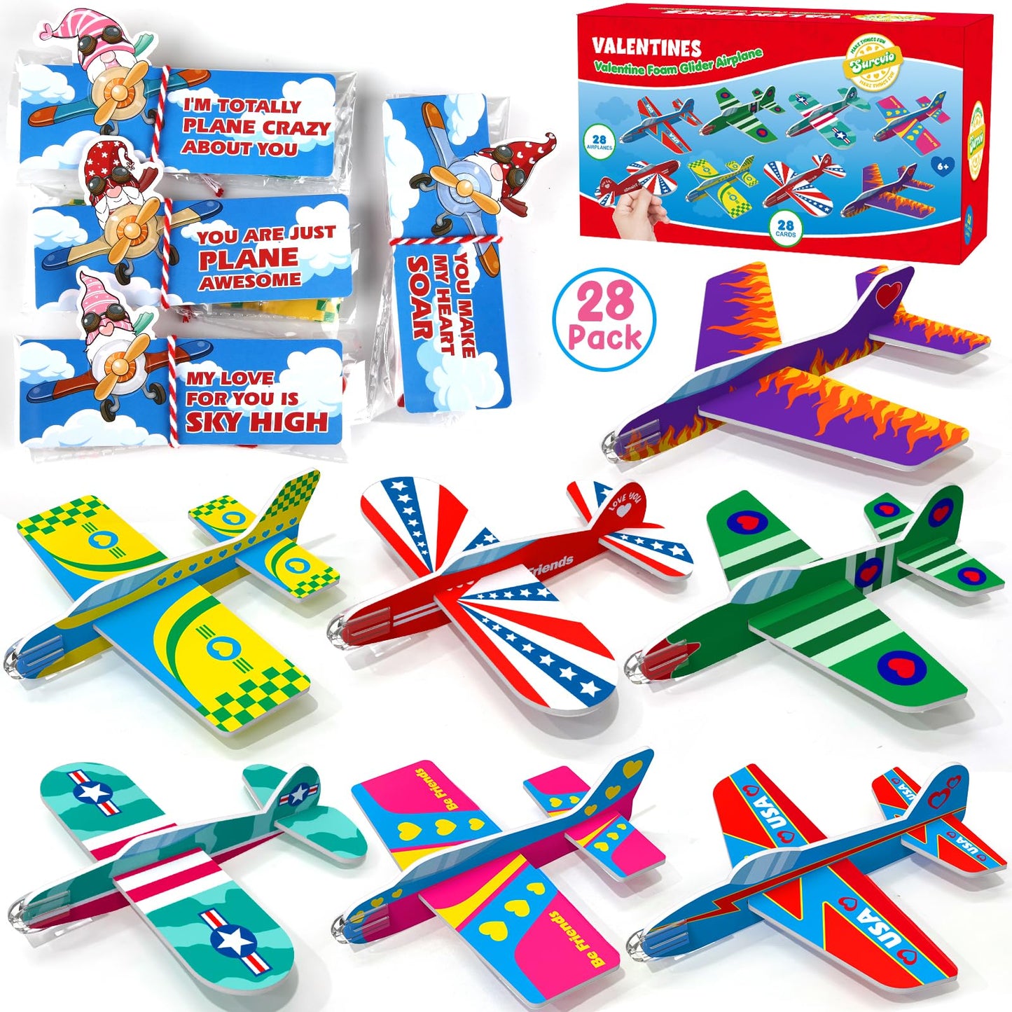 SURCVIO 28-Pack Valentines Day Gifts for Kids – Foam Airplanes & Gnome Cards