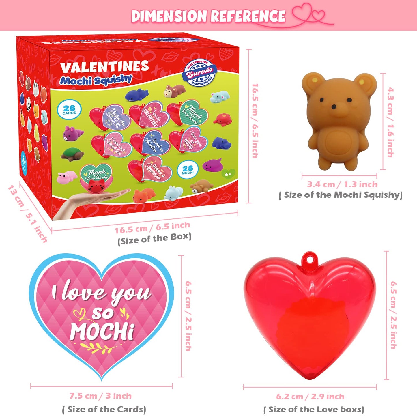 SURCVIO 28-Pack Valentines Day Gifts for Kids – Mochi Squishies, Heart Cases & Cards