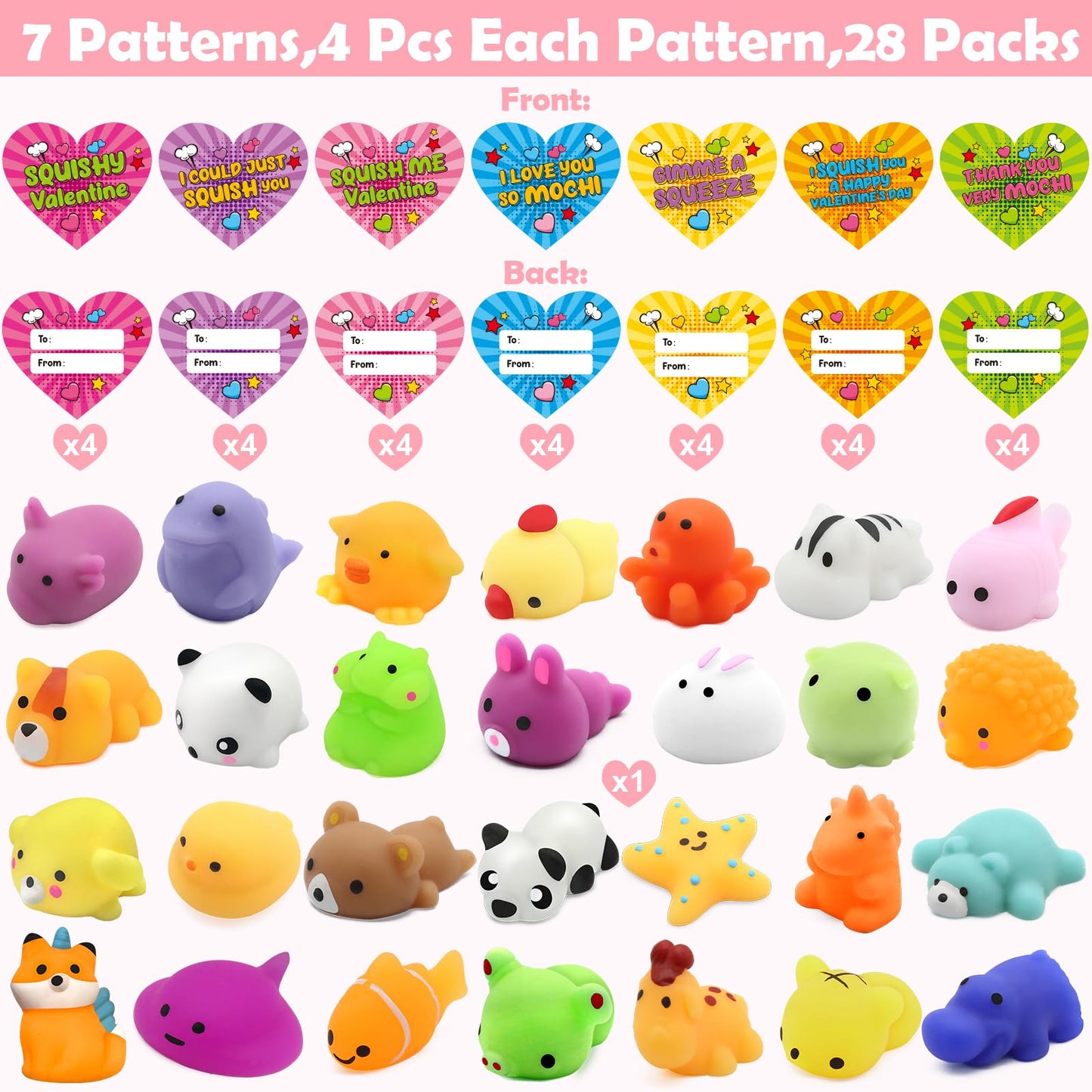SURCVIO 28-Pack Valentine Mochi Squishies – Heart Cases, Cards & Kawaii Stress Relief Toys for Kids