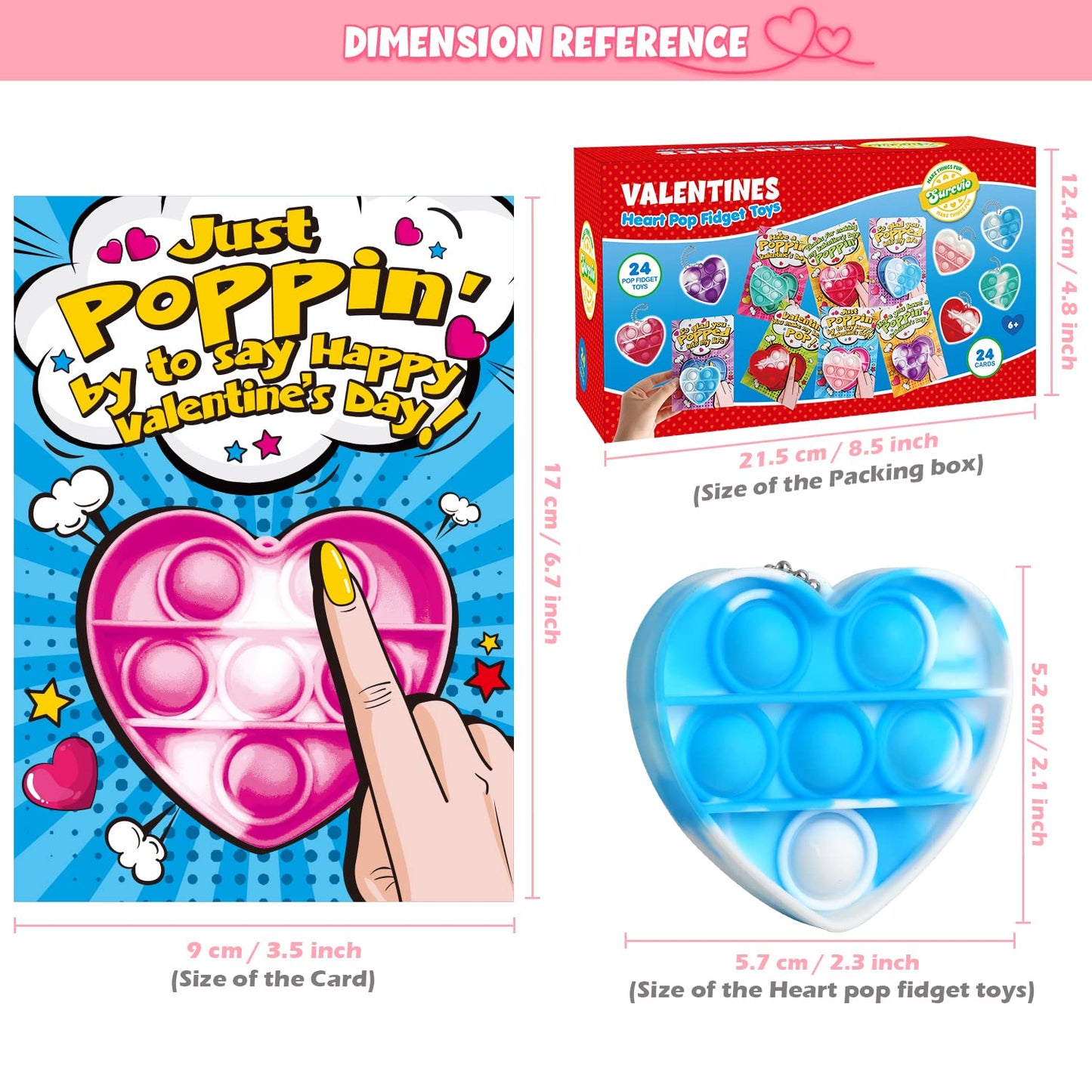 SURCVIO 24-Pack Valentine Pop It Fidget Heart Keychains for Kids