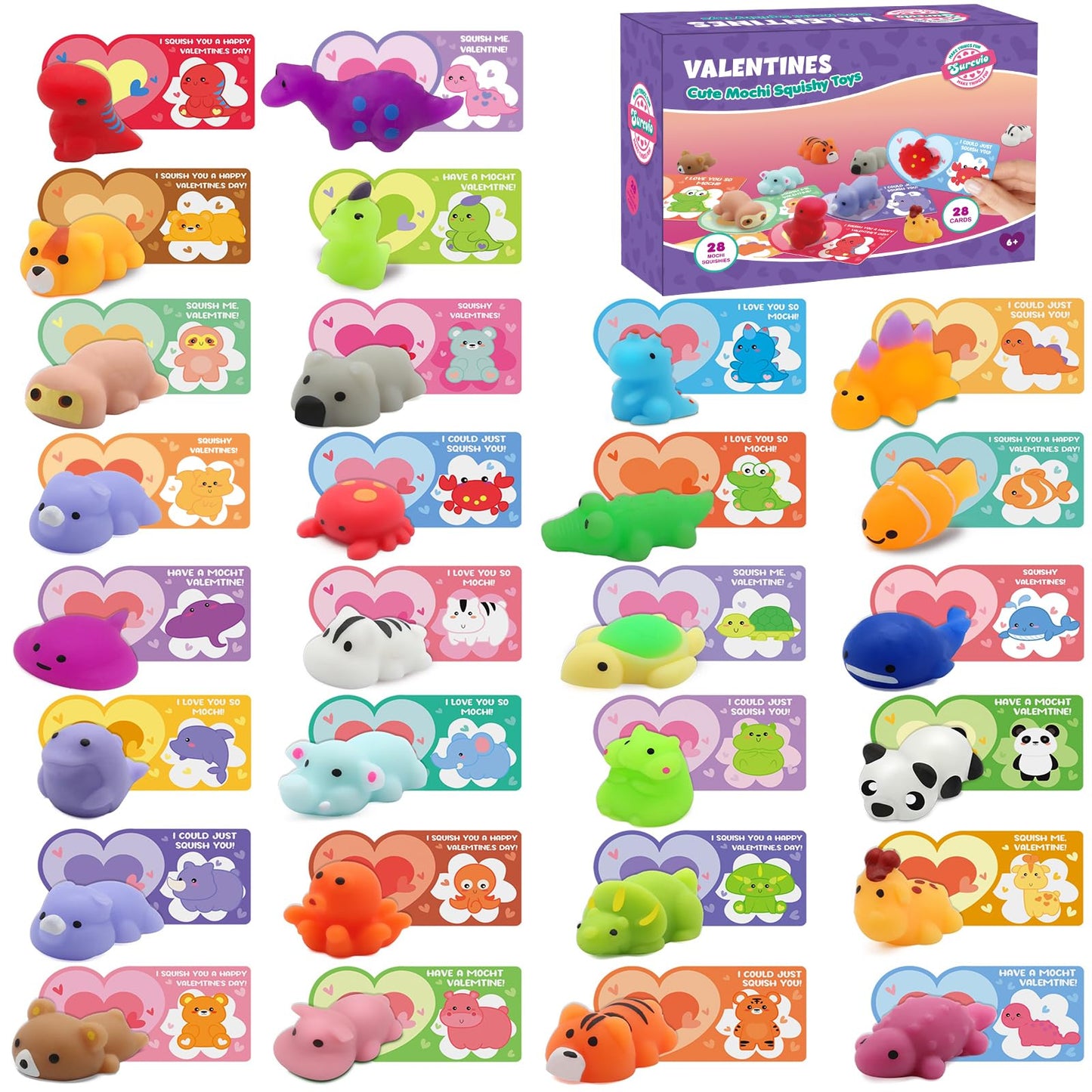 SURCVIO 28 Pcs Mochi Squishies and Valentines Cards for Kids