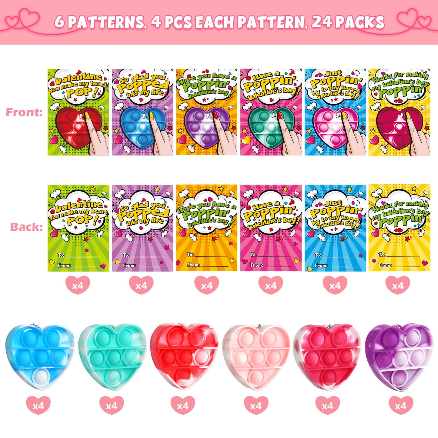 SURCVIO 24-Pack Valentine Pop It Fidget Heart Keychains for Kids
