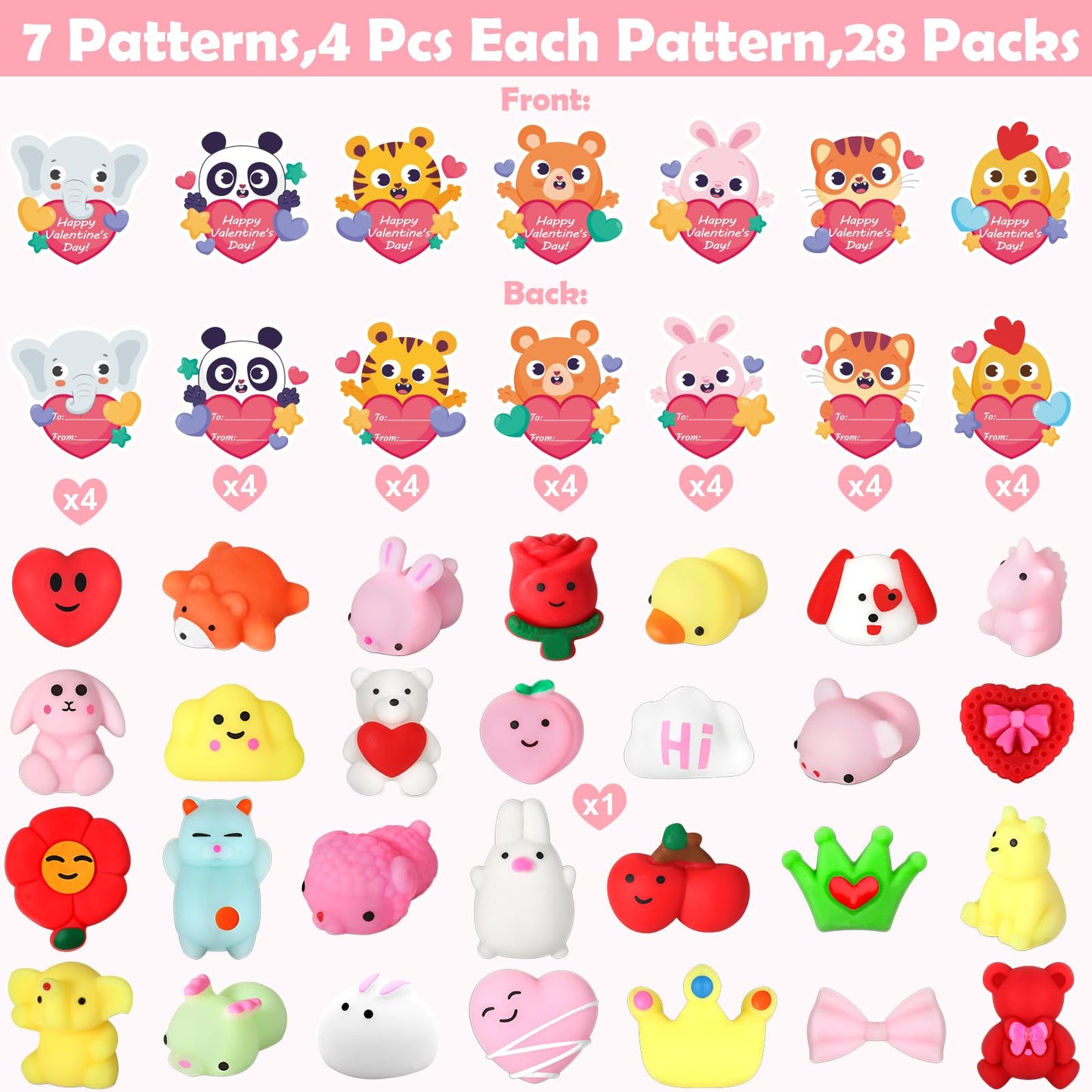 SURCVIO 28-Pack Valentines Day Gifts for Kids | Mochi Squishies, Heart Cases & Greeting Cards