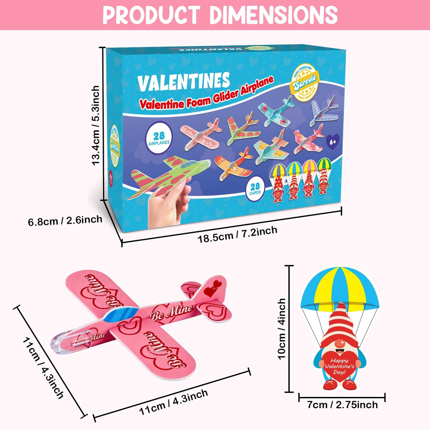 SURCVIO 28-Pack Valentines Gifts for Kids: Foam Airplanes & Greeting Cards