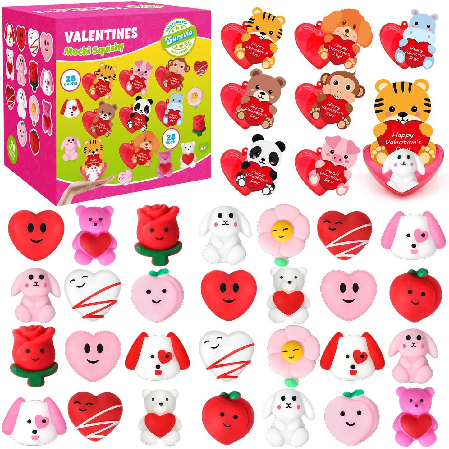 SURCVIO 28-Pack Valentine Mochi Squishies with Heart Cases & Cards | Classroom Gifts