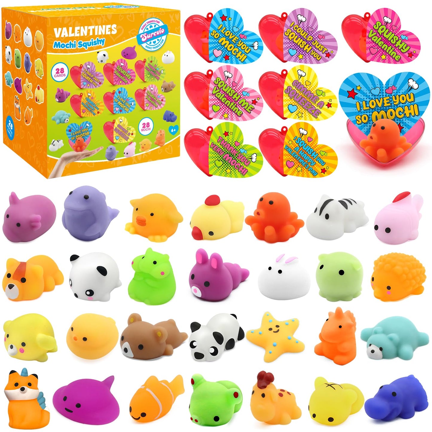 SURCVIO 28-Pack Valentine Mochi Squishies – Heart Cases, Cards & Kawaii Stress Relief Toys for Kids