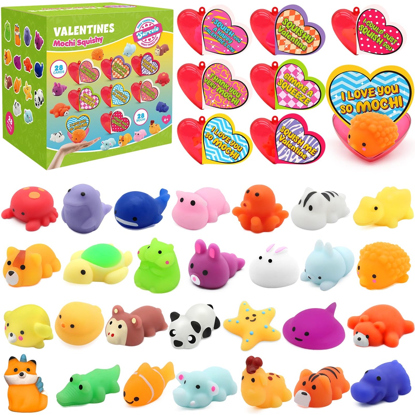 SURCVIO 28-Pack Valentines Day Gifts for Kids | Animal Mochi Squishies, Heart Box & Greeting Cards