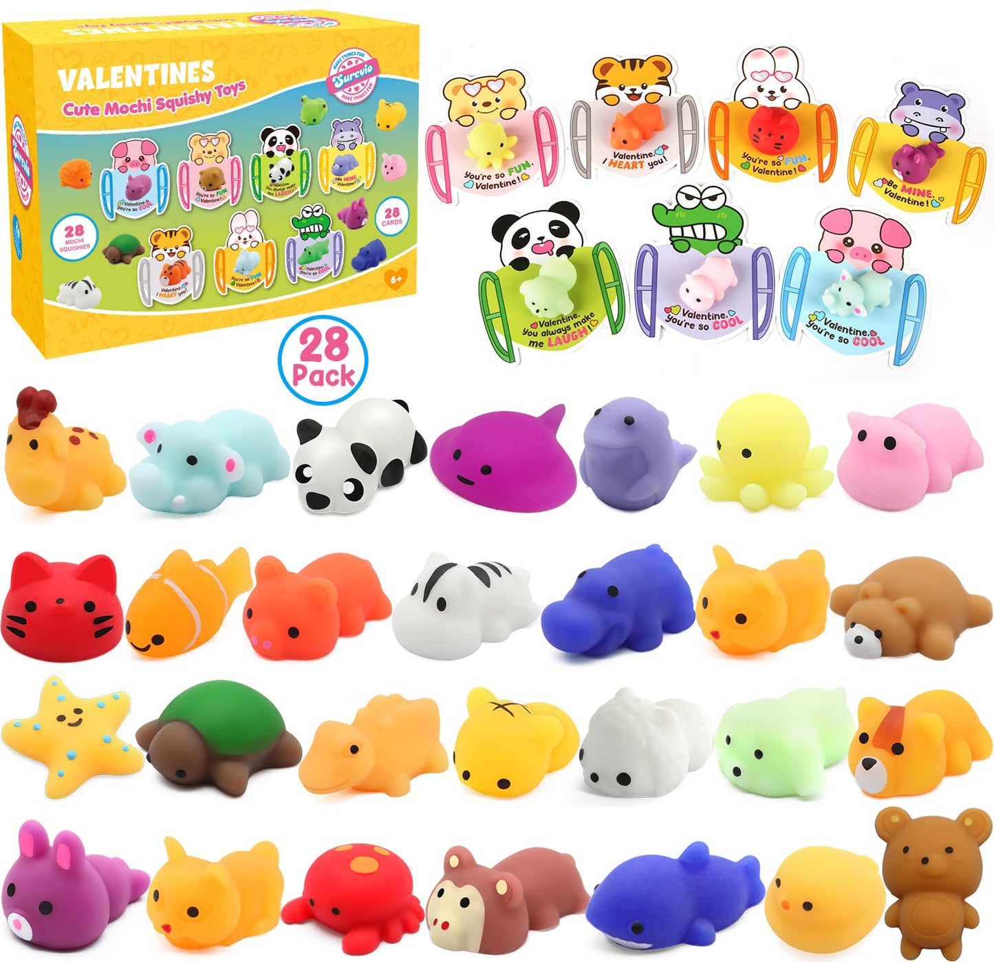 SURCVIO 28-Pack Valentines Day Gifts for Kids — Mochi Squishies & Cards