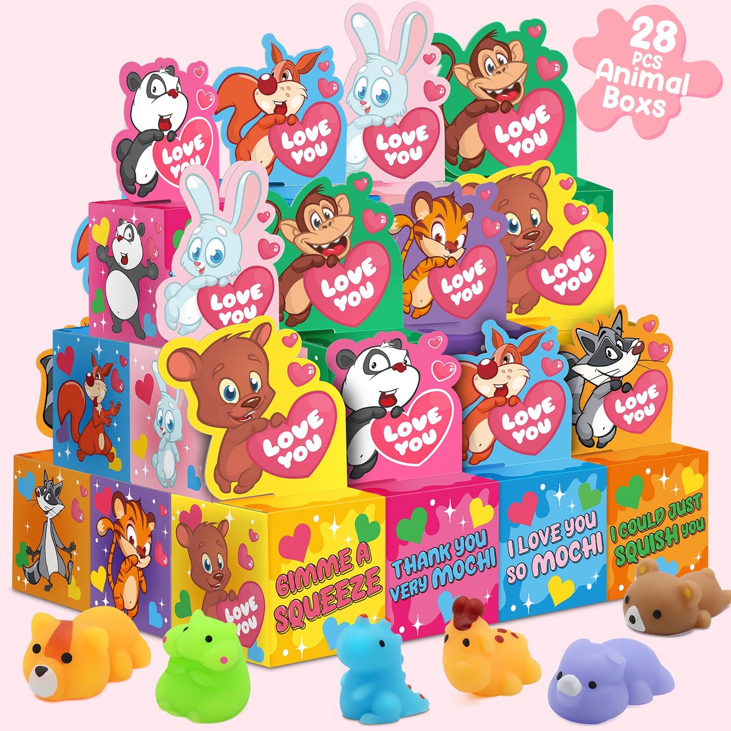 SURCVIO 28-Pack Valentines Day Gifts for Kids – Mochi Squishies & Greeting Card Boxes