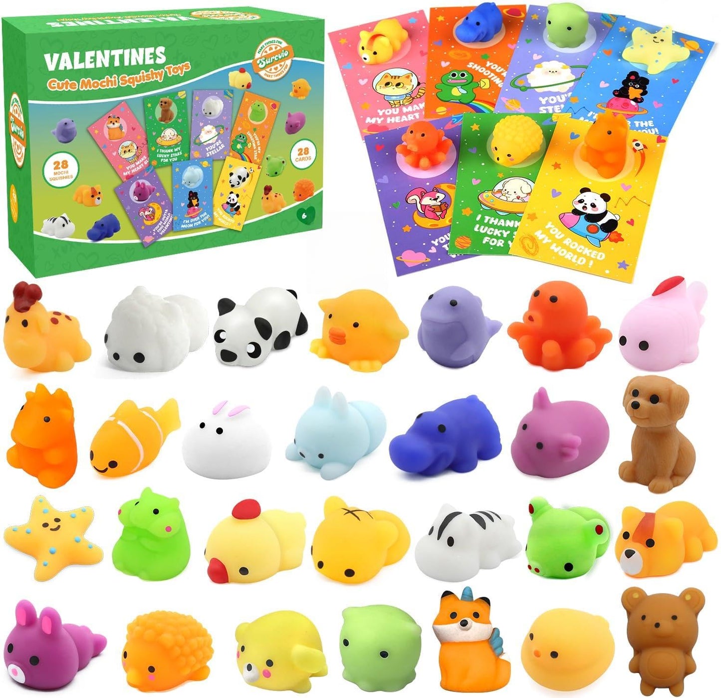 SURCVIO 28-Pack Valentines Day Gifts for Kids | Mochi Squishies & Greeting Cards