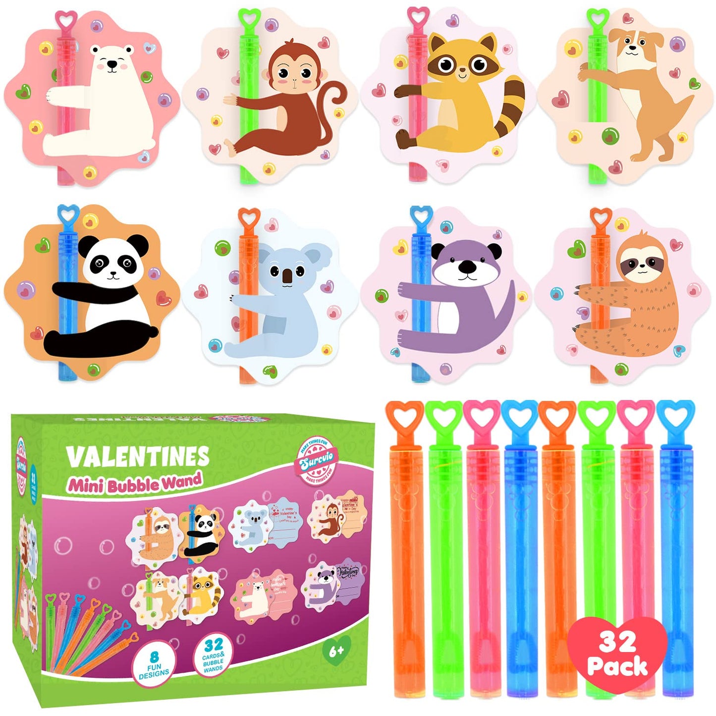SURCVIO Valentines Day Gifts for Kids – 32-Pack Mini Bubble Wands with Animal-Themed Cards
